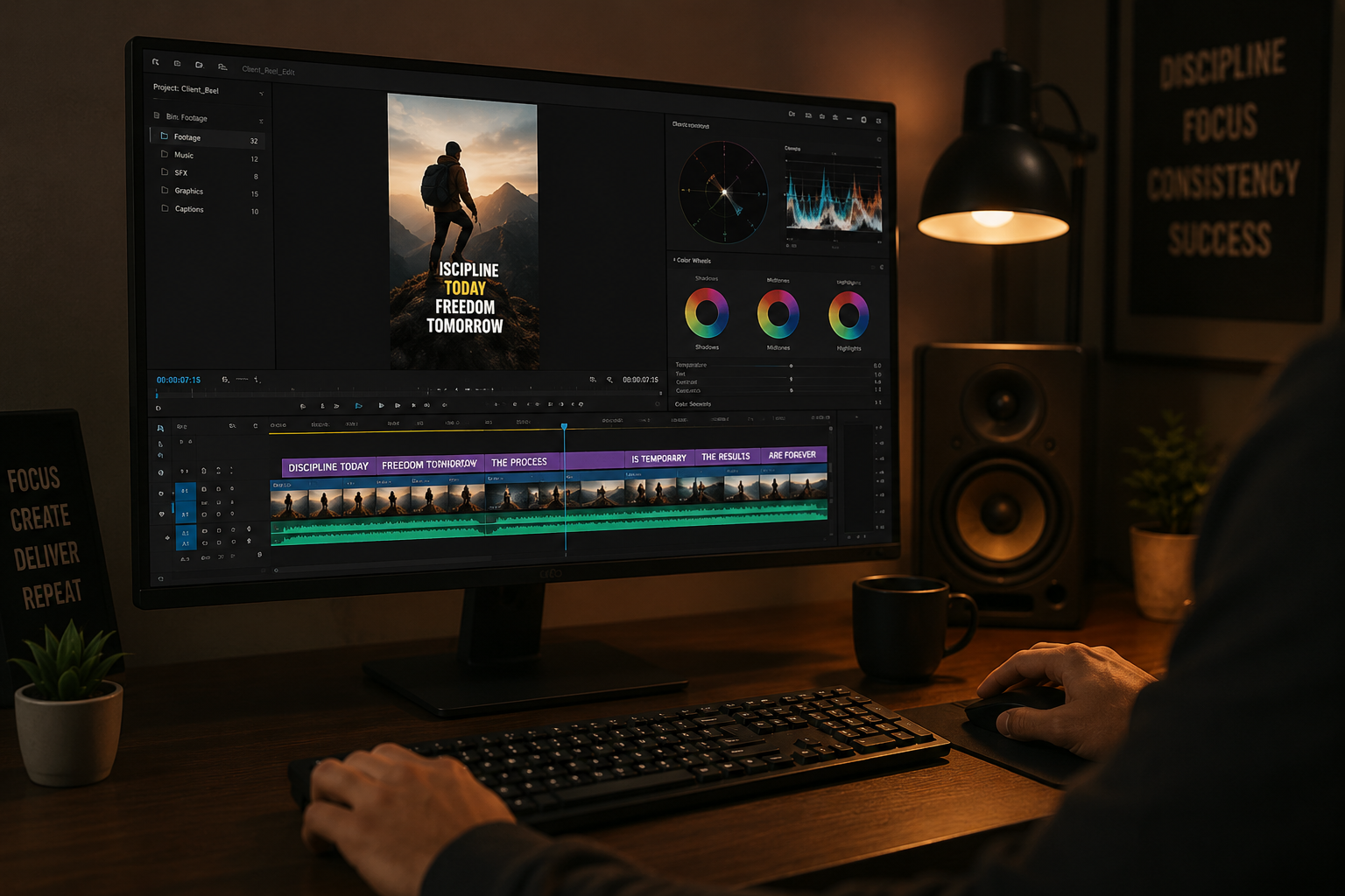 Video editing timeline for a motivational reel